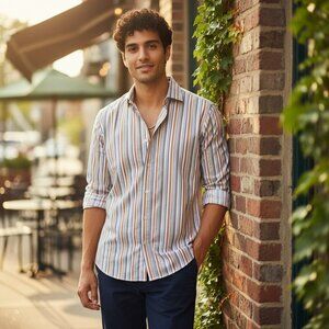 Thomas Dean Mens Large Multicolored Striped Flip Cuff Button Up Collar Shirt L